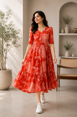 Scarlet Bloom Cotton Tiered Dress