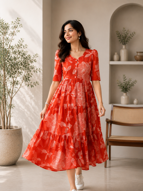 Scarlet Bloom Cotton Tiered Dress