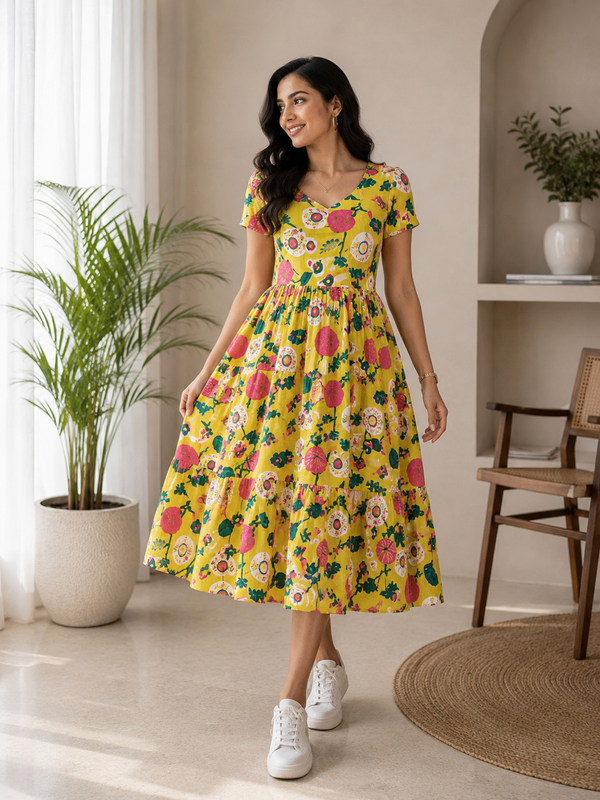 Cheerful Cotton Floral Dress