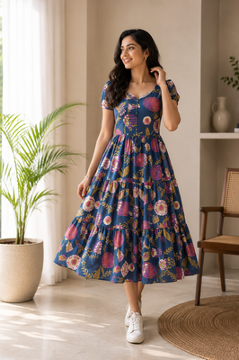 Indigo Petals Cotton Dress