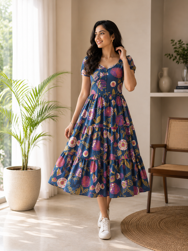 Indigo Petals Cotton Dress