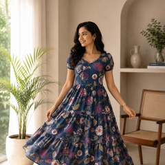 Indigo Petals Cotton Dress