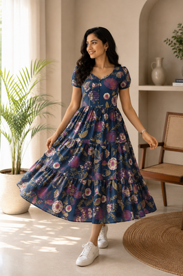 Indigo Petals Cotton Dress
