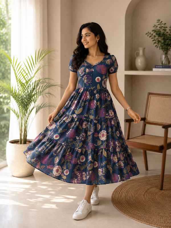 Indigo Petals Cotton Dress