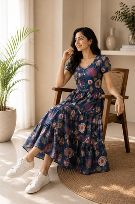 Indigo Petals Cotton Dress