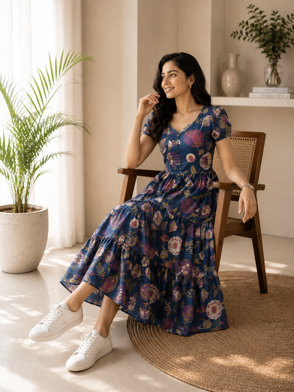 Indigo Petals Cotton Dress
