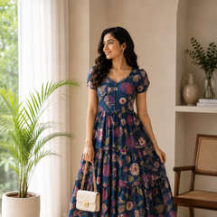 Indigo Petals Cotton Dress