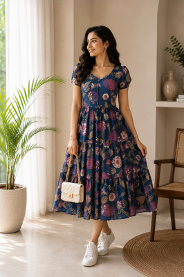 Indigo Petals Cotton Dress