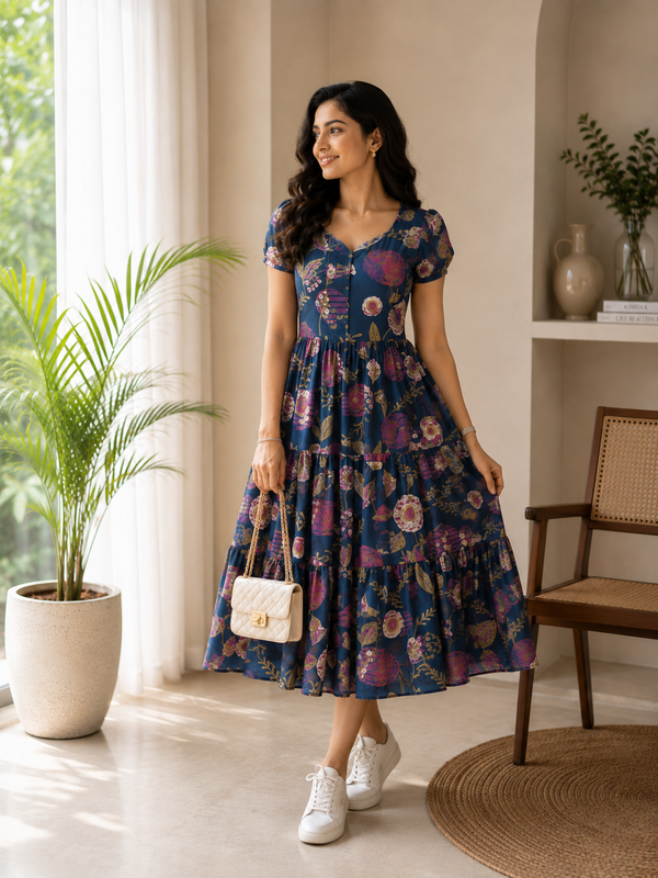 Indigo Petals Cotton Dress