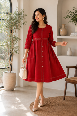 Elegant Red Cotton Dress