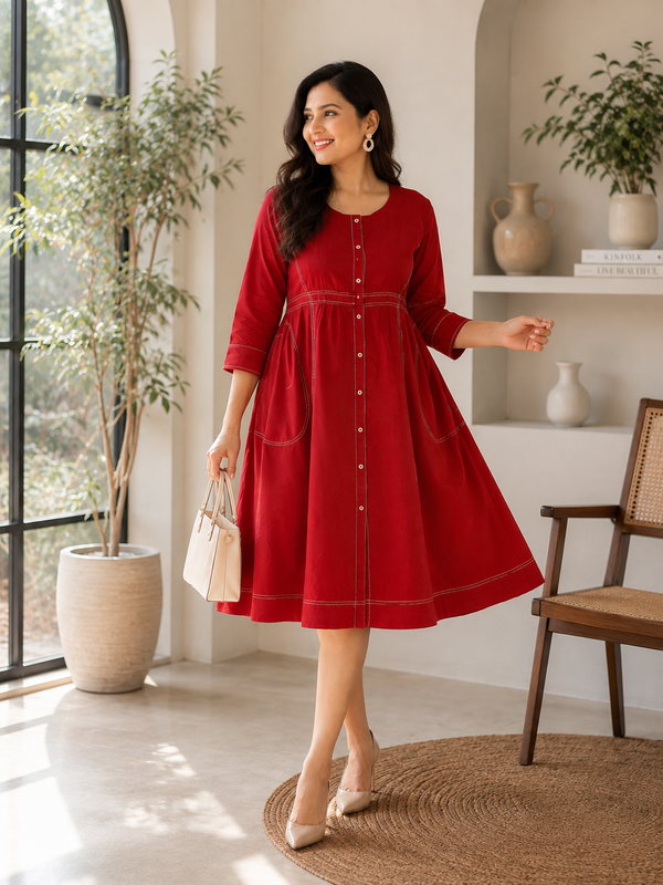 Elegant Red Cotton Dress
