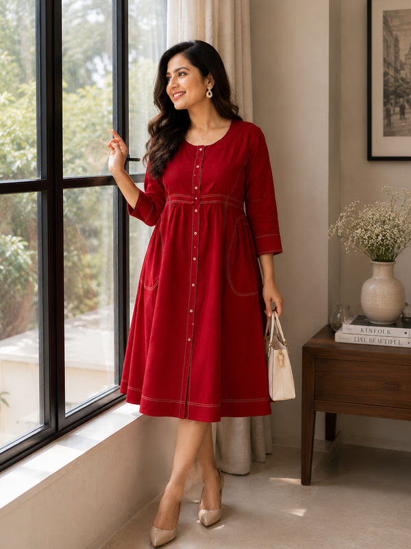 Elegant Red Cotton Dress