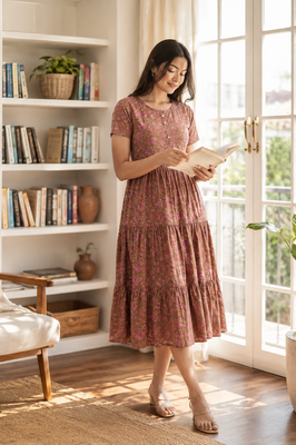 Rosy Meadow Cotton Tiered Dress