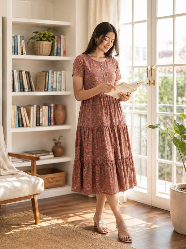 Rosy Meadow Cotton Tiered Dress