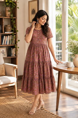 Rosy Meadow Cotton Tiered Dress