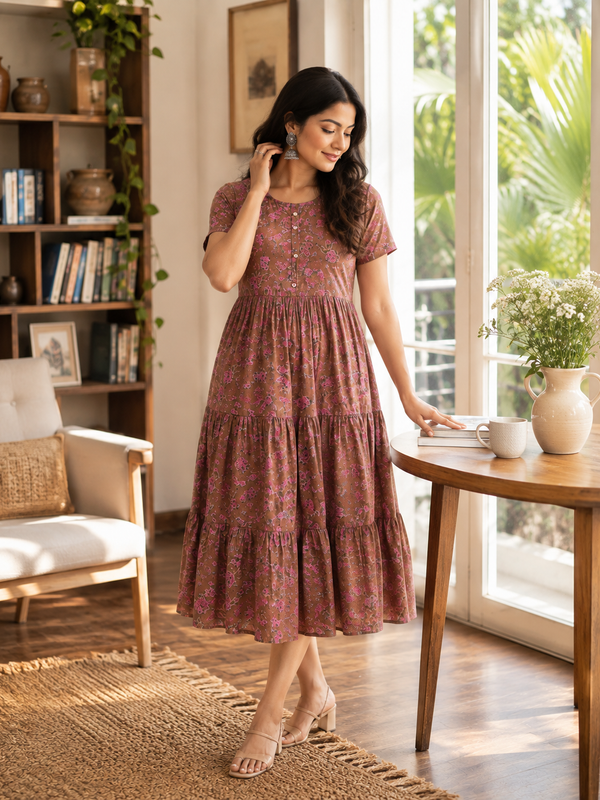 Rosy Meadow Cotton Tiered Dress