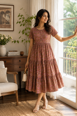 Rosy Meadow Cotton Tiered Dress