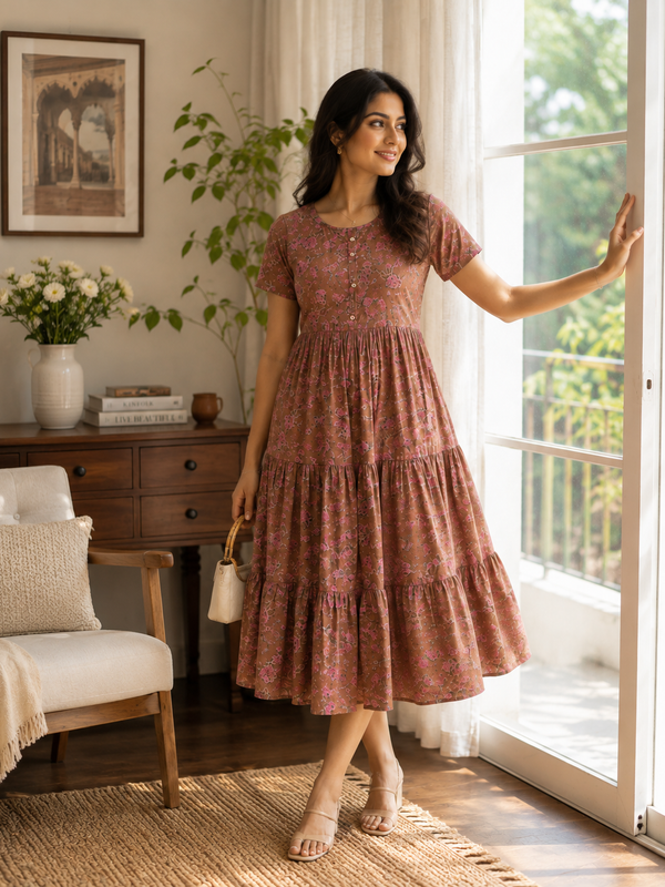 Rosy Meadow Cotton Tiered Dress