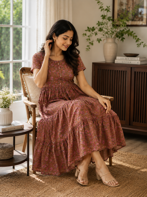 Rosy Meadow Cotton Tiered Dress