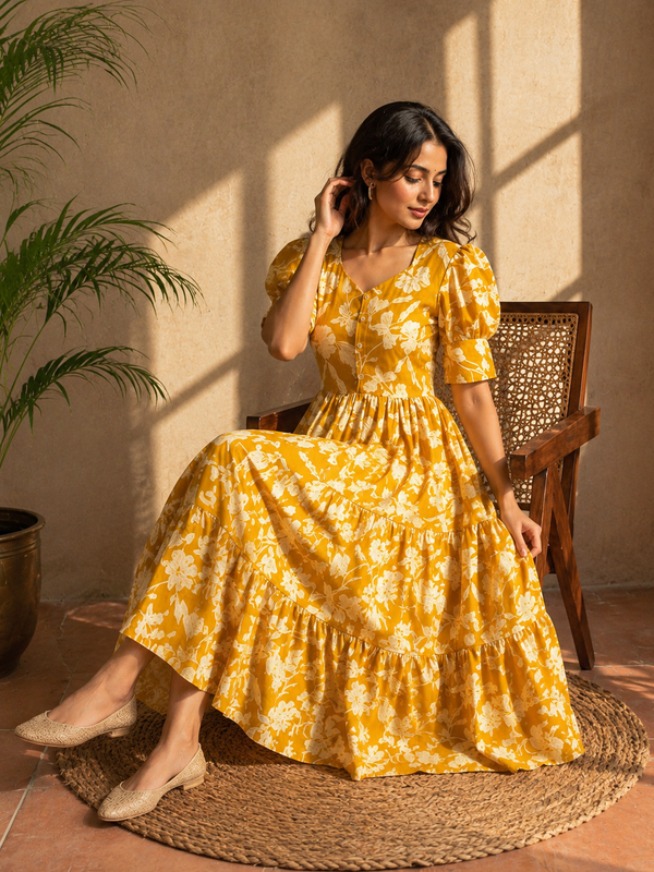 Amber Petal Cotton Flare Dress