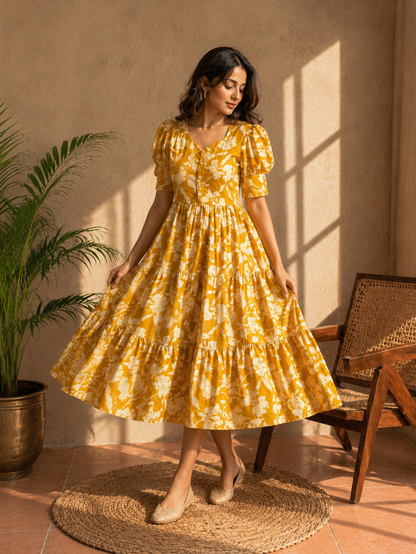 Amber Petal Cotton Flare Dress
