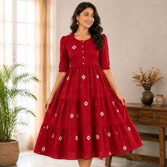Crimson Charm Tiered Cotton Dress