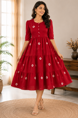 Crimson Charm Tiered Cotton Dress
