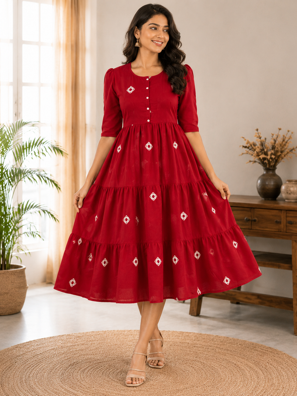 Crimson Charm Tiered Cotton Dress