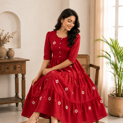 Crimson Charm Tiered Cotton Dress