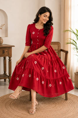 Crimson Charm Tiered Cotton Dress