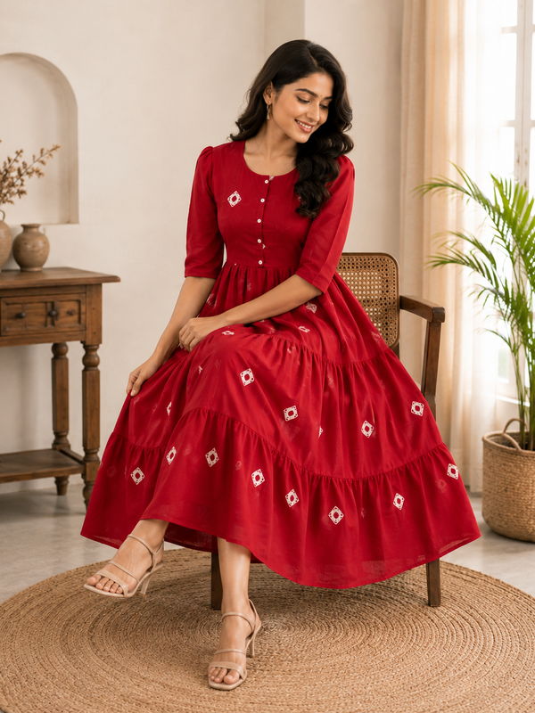 Crimson Charm Tiered Cotton Dress