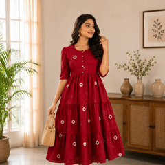 Crimson Charm Tiered Cotton Dress