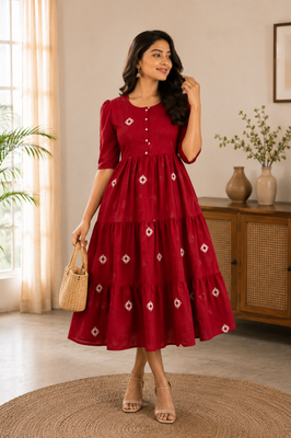 Crimson Charm Tiered Cotton Dress