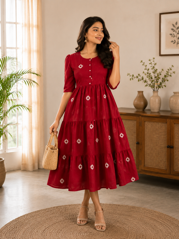 Crimson Charm Tiered Cotton Dress