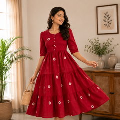 Crimson Charm Tiered Cotton Dress