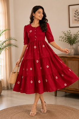 Crimson Charm Tiered Cotton Dress