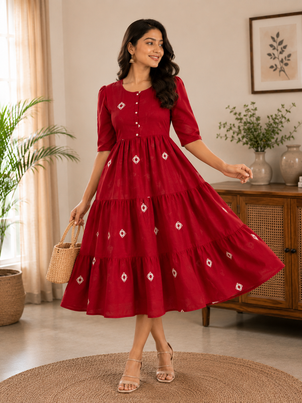 Crimson Charm Tiered Cotton Dress