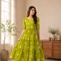 Vibrant Green Cotton Tiered Dress