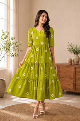 Vibrant Green Cotton Tiered Dress
