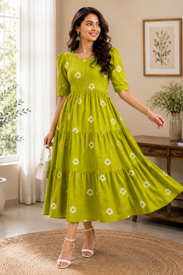 Vibrant Green Cotton Tiered Dress