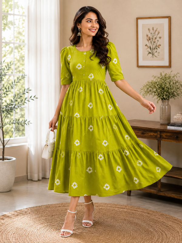 Vibrant Green Cotton Tiered Dress