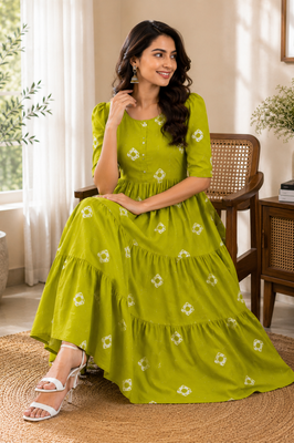 Vibrant Green Cotton Tiered Dress