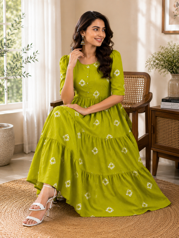 Vibrant Green Cotton Tiered Dress