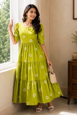 Vibrant Green Cotton Tiered Dress