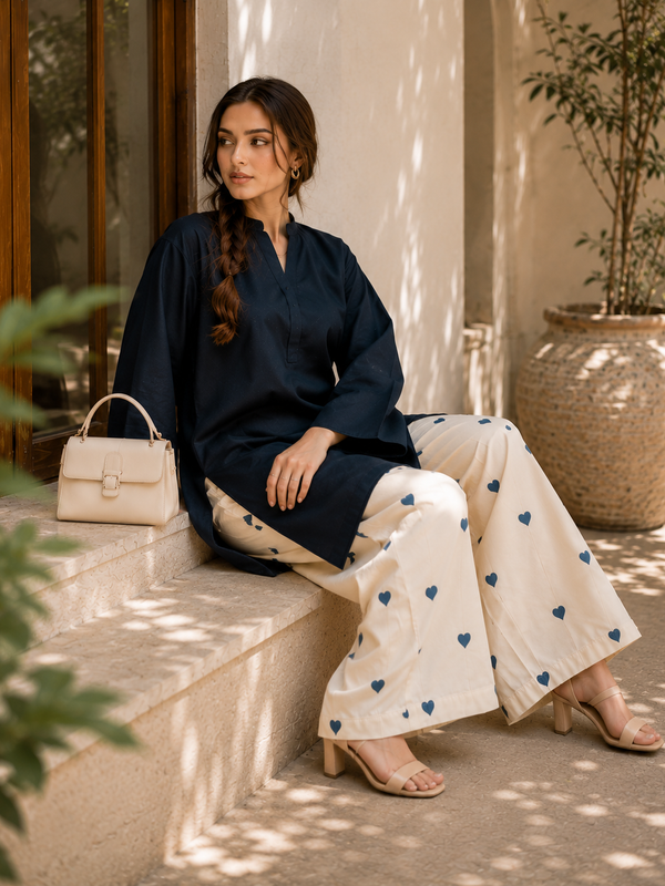 Classic Navy Cotton Kurta Palazzo Set