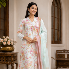 Premium Mint Green Floral Cotton Three Piece Suit Set
