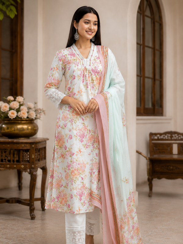 Premium Mint Green Floral Cotton Three Piece Suit Set