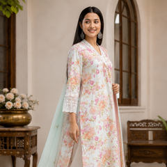 Premium Mint Green Floral Cotton Three Piece Suit Set