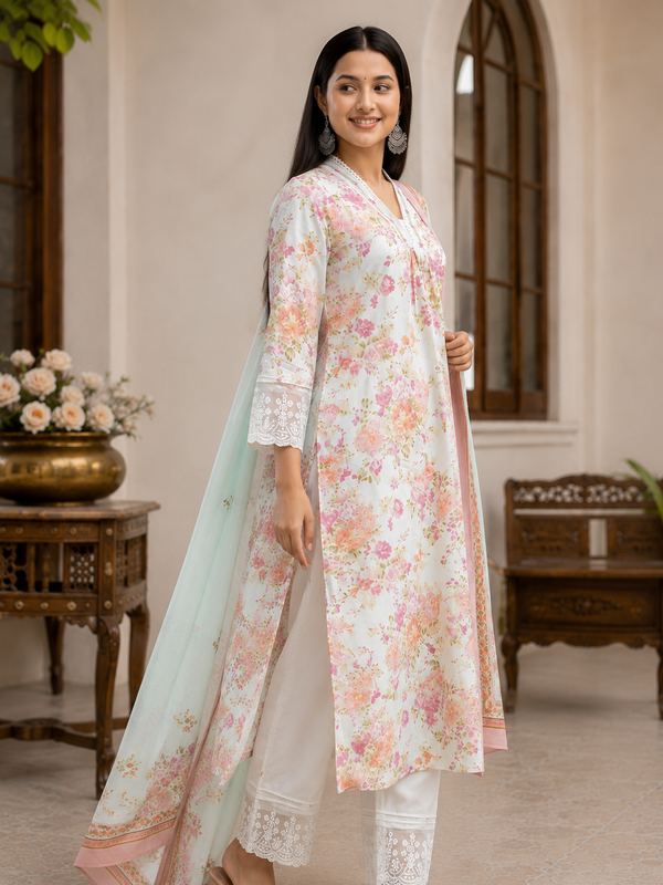 Premium Mint Green Floral Cotton Three Piece Suit Set