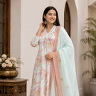 Premium Mint Green Floral Cotton Three Piece Suit Set